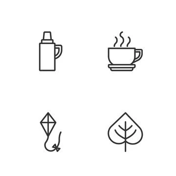 Set line Leaf, Kite, Thermos container and Coffee cup icon. Vector Stock Illustration
