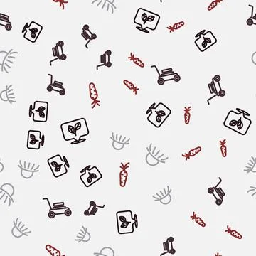 Set line Leaf, Lawn mower, Sunrise and Carrot on seamless pattern. Vector Illustrazione stock