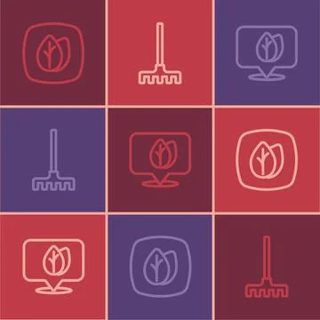 Set line Leaf, Location with leaf and Garden rake icon. Vector Stock Illustration