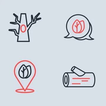 Set line Leaf, Location with leaf, Wooden log and Bare tree icon. Vector Illustrazione stock