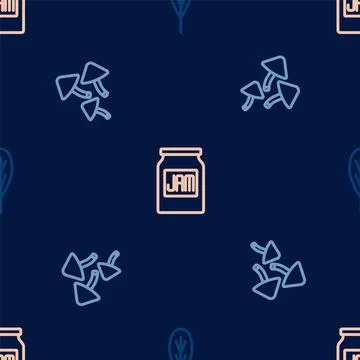 Set line Leaf, Mushroom and Jam jar on seamless pattern. Vector Illustrazione stock