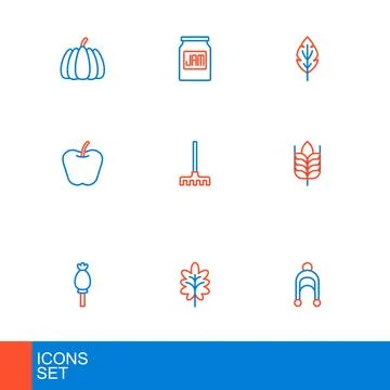Set line Leaf, Opium poppy, Wheat, Apple, Garden rake,  and Jam jar icon. V.. Stock Illustration