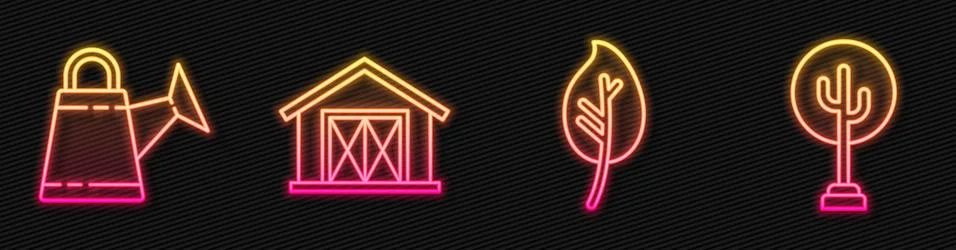 Set line Leaf or leaves, Watering can, Farm house and Tree. Glowing neon icon Stock Illustration
