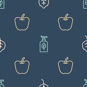 Set line Leaf or leaves, Apple and Organic cosmetic on seamless pattern. Vector Stock Illustration