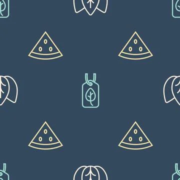 Set line Leaf or leaves, Watermelon and Vegan food diet on seamless pattern Illustrazione stock