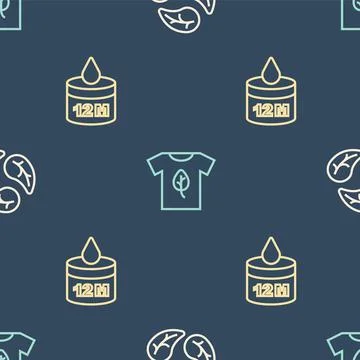 Set line Leaf or leaves, Organic cosmetic and Vegan shirt on seamless pattern Illustrazione stock