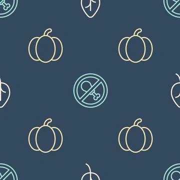 Set line Leaf or leaves, Pumpkin and No meat on seamless pattern. Vector Stock Illustration
