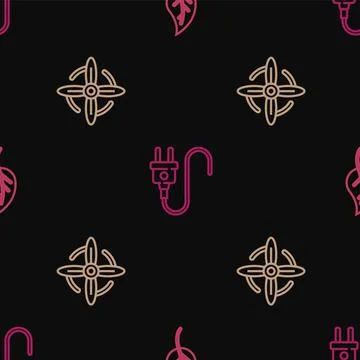 Set line Leaf or leaves, Wind turbine and Electric plug on seamless pattern イラスト素材
