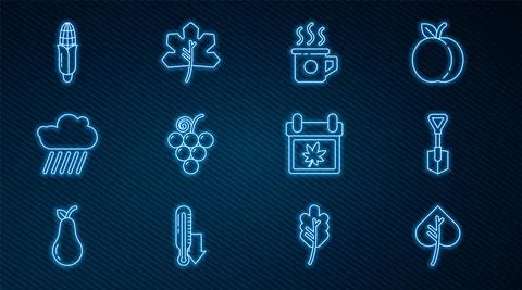 Set line Leaf or leaves, Shovel, Cup of tea, Grape fruit, Cloud with rain, Corn Stock Illustration