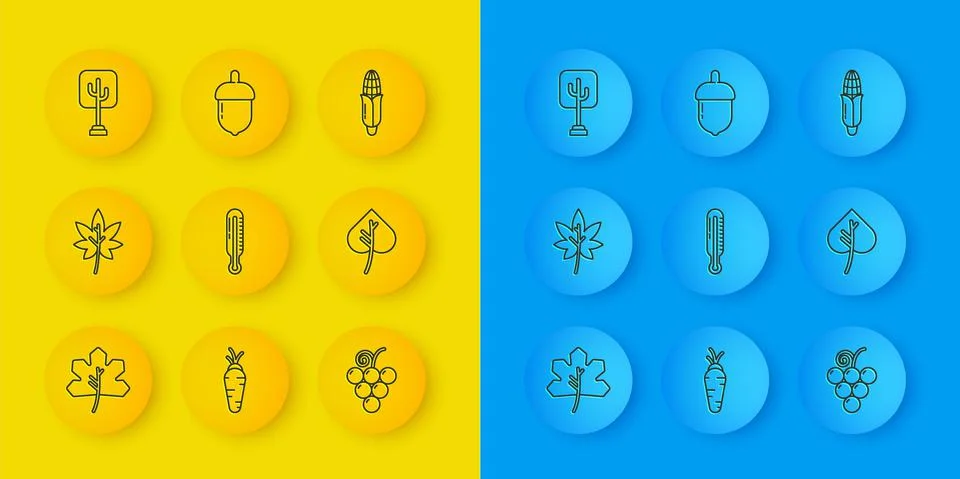Set line Leaf or leaves, Meteorology thermometer, Grape fruit, Tree, Corn and Stock Illustration