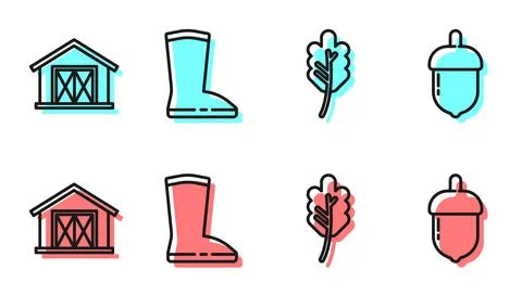 Set line Leaf or leaves, Farm house, Waterproof rubber boot and Acorn icon Stock Illustration