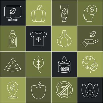 Set line Leaf or leaves, Earth globe and leaf, Plant in hand, Organic cosmetic Stock Illustration