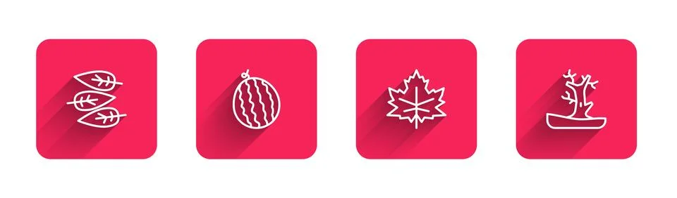 Set line Leaf or leaves, Watermelon,  and Bare tree with long shadow. Red s.. Stock Illustration
