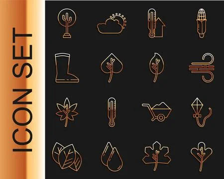 Set line Leaf or leaves, Kite, Wind, Meteorology thermometer, Waterproof ru.. Stock Illustration