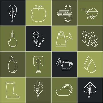 Set line Leaf or leaves, Water drop, Wind, Kite, Onion,  and Watering can i.. Ilustração Stock