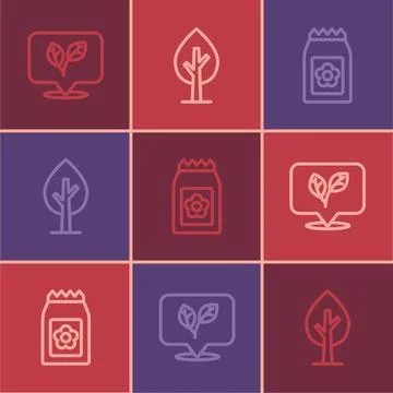 Set line Leaf, Pack full of seeds and Tree icon. Vector Illustrazione stock