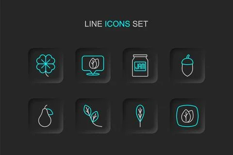 Set line Leaf, Pear, Acorn, Jam jar, Location with leaf and Four clover ico.. Stock Illustration
