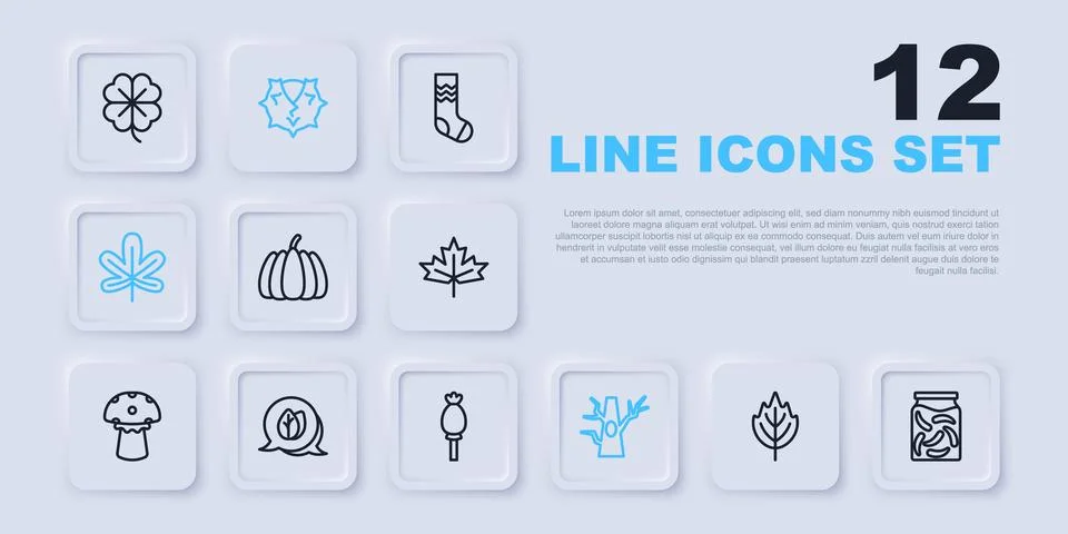 Set line Leaf, Pickled cucumbers in jar, Pumpkin, Bare tree, Chestnut leaf,.. Stock Illustration