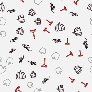Set line Leaf, Pumpkin, Apple and Garden rake on seamless pattern. Vector Illustrazione stock