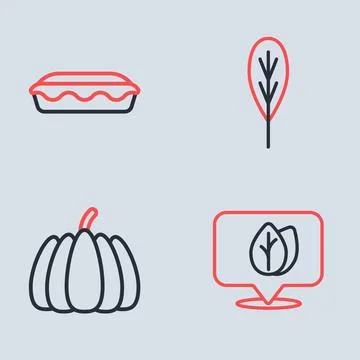 Set line Leaf, Pumpkin, Location with leaf and Homemade pie icon. Vector Stock Illustration