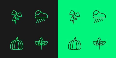 Set line Leaf, Pumpkin, Mushroom and Cloud with rain and sun icon. Vector イラスト素材