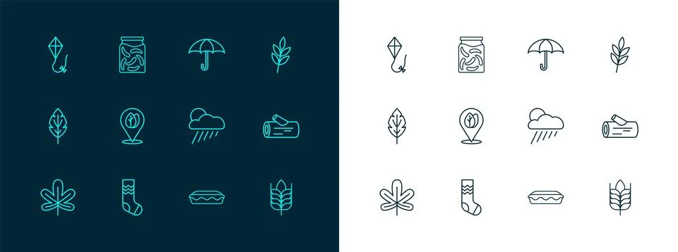 Set line Leaf, Socks, Cloud with rain and sun, Homemade pie, Location leaf,.. Illustration