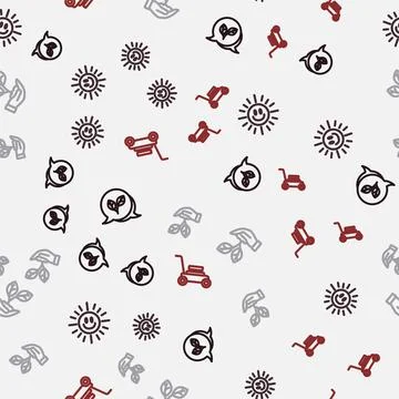 Set line Leaf, Sun, in hand and Lawn mower on seamless pattern. Vector イラスト素材