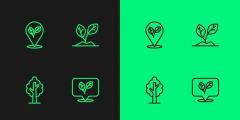 Set line Leaf, Tree, Location with leaf and Sprout icon. Vector Stock Illustration