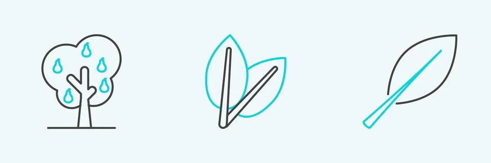 Set line Leaf, Tree with pears and Leafs icon. Vector Illustrazione stock
