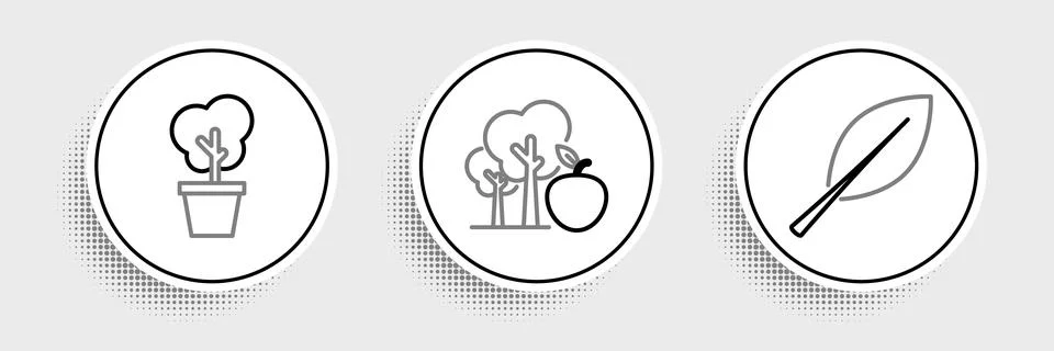 Set line Leaf, Tree in pot and with apple icon. Vector Illustrazione stock