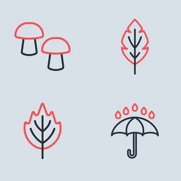 Set line Leaf, Umbrella and rain drops and Mushroom icon. Vector 스톡 일러스트