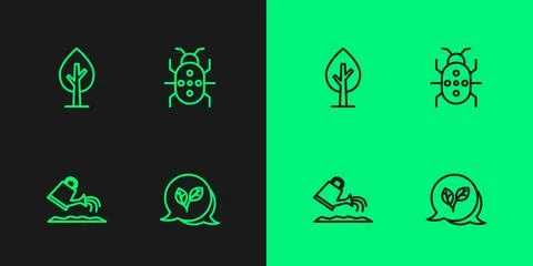 Set line Leaf, Watering can, Tree and Colorado beetle icon. Vector イラスト素材