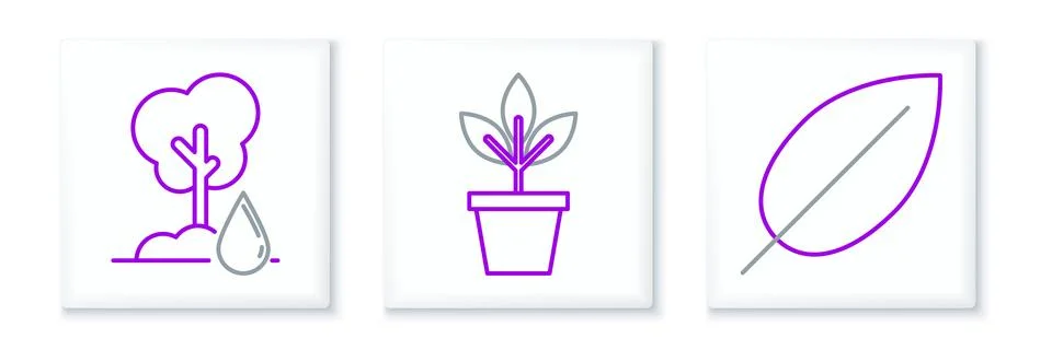 Set line Leaf, Watering Tree and Flowers pot icon. Vector Illustrazione stock