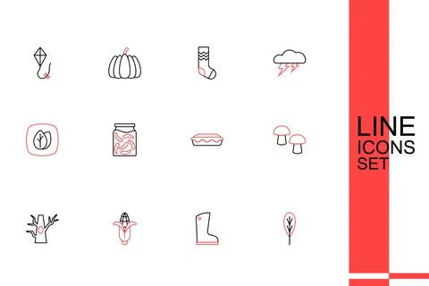 Set line Leaf, Waterproof rubber boot, Corn, Bare tree, Mushroom, Homemade .. Stock Illustration