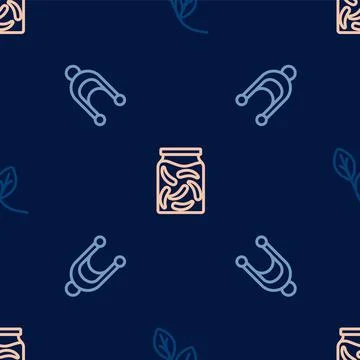 Set line Leaf, Winter hat and Pickled cucumbers jar on seamless pattern. Vector Stock Illustration