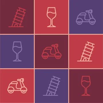 Set line Leaning tower in Pisa, Scooter and Wine glass icon. Vector Stock Illustration