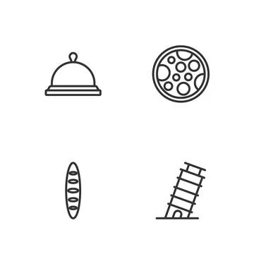 Set line Leaning tower in Pisa, French baguette bread, Covered with tray of food Stock Illustration