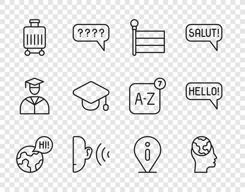 Set line Learning foreign languages, Flag, Ear listen sound signal, Suitcase Stock Illustration