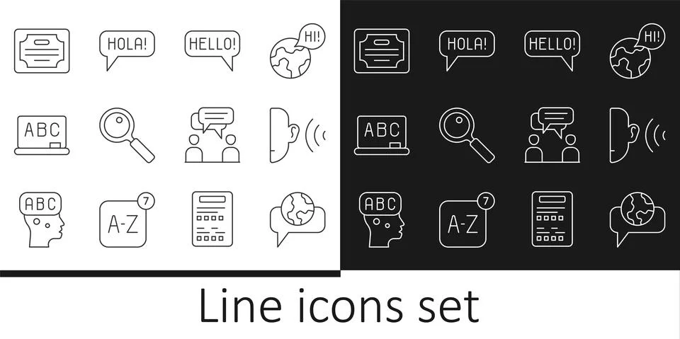 Set line Learning foreign languages, Ear listen sound signal, Hello different Stock Illustration