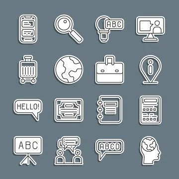 Set line Learning foreign languages, Exam sheet, Information, Creative lamp Stock Illustration