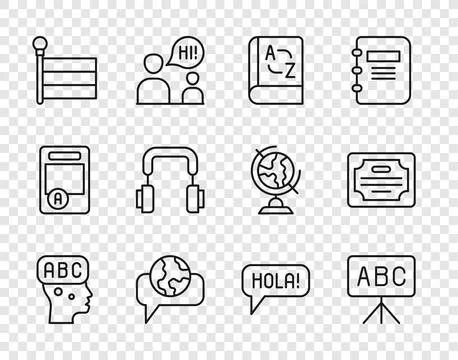 Set line Learning foreign languages, Chalkboard, Translator book, Flag Stock Illustration