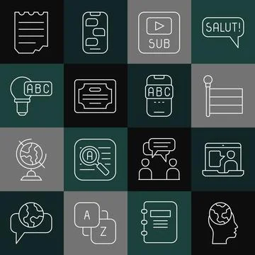 Set line Learning foreign languages, Foreign online study, Flag, Video with Illustrazione stock
