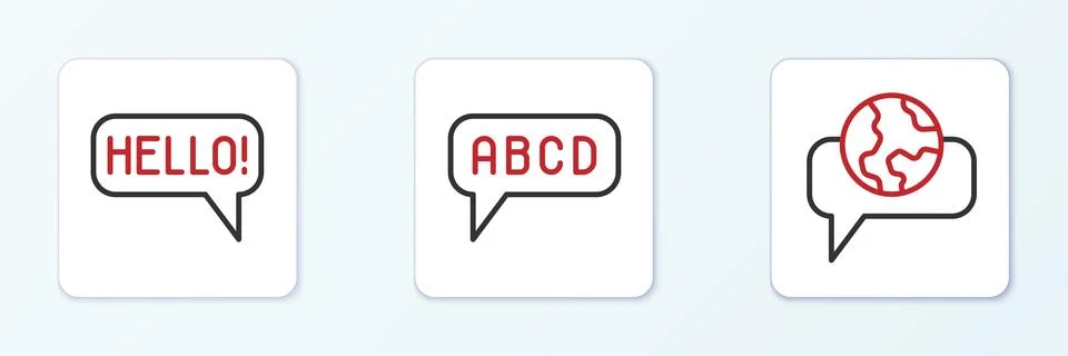 Set line Learning foreign languages, Hello different and Alphabet icon. Vector Stock Illustration
