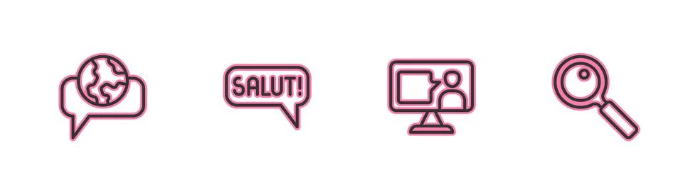 Set line Learning foreign languages, Foreign online study, Salut different .. Illustrazione stock