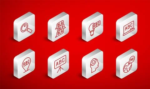 Set line Learning foreign languages, Speech bubble chat, Creative lamp ligh.. Illustrazione stock