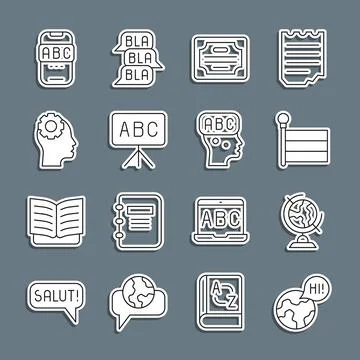 Set line Learning foreign languages, Earth globe, Flag, Certificate templat.. Illustrazione stock