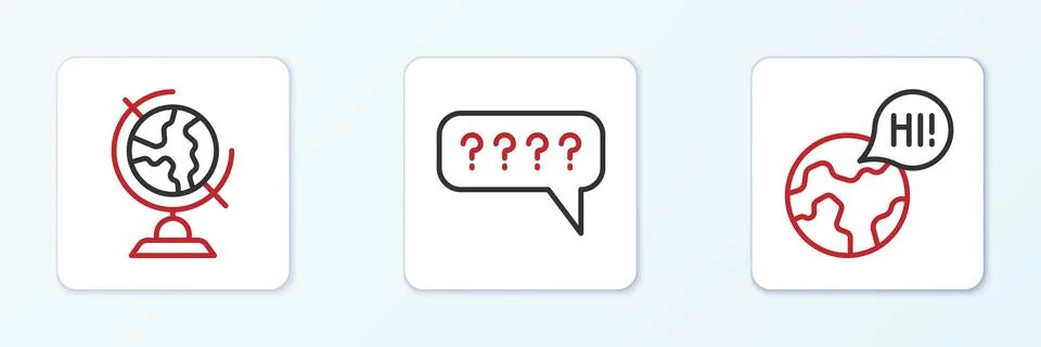 Set line Learning foreign languages, Earth globe and Speech bubbles with Qu.. Illustrazione stock