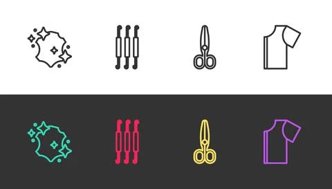 Set line Leather, Crochet hook, Scissors and Sewing pattern on black and white Stock Illustration