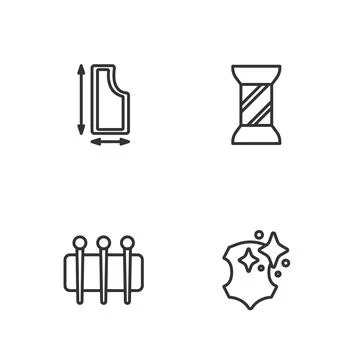 Set line Leather, Needle for sewing, Sewing pattern and thread on spool icon Illustrazione stock