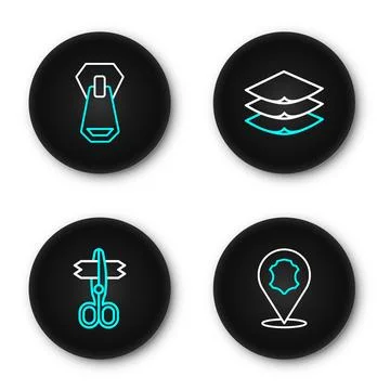 Set line Leather, Scissors, Layers clothing textile and Zipper icon. Vector 스톡 일러스트